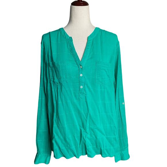 Carve Designs Half Button Down Roll Sleeve Casual Shirt Womens XL Green Sheer - Picture 1 of 14